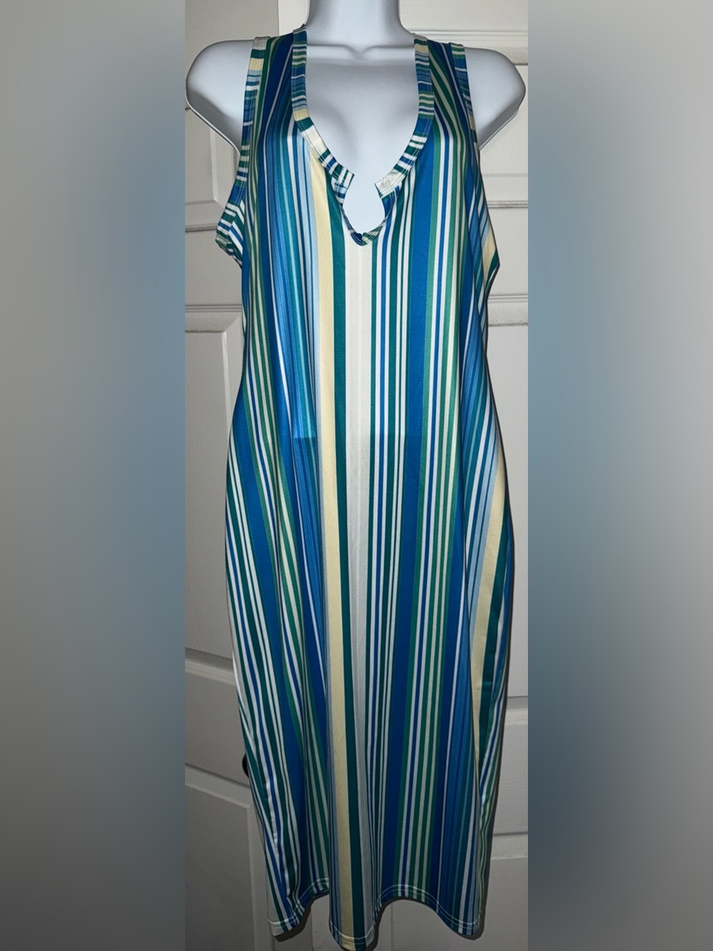 Sleeveless V-Neck Striped Midi Dress in Blue & Green by SHEIN